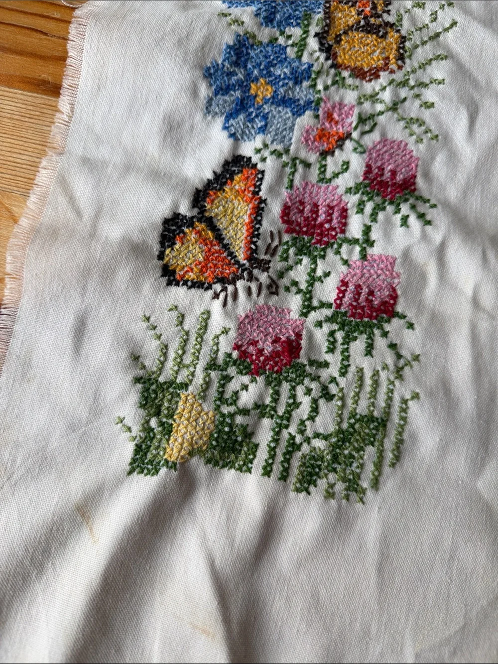 Vintage Hand-Embroidered Floral & Butterfly Artwork